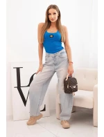 Dámská pruhovaná top na ramínkách s ozdobnou jeansovou nášivkou modrá