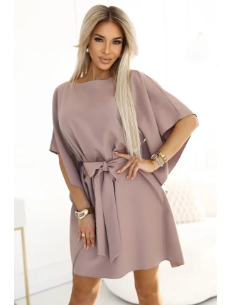 287-37 SOFIA Motýlí šaty se zavazováním v pase - MOCHA MOUSSE