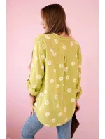 Lněná dámská halenka s květinovým vzorem, dlouhými rukávy a knoflíky kiwi