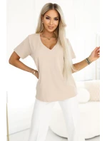 665-3 Dámská bavlněná halenka s výstřihem do V a krátkými rukávy - béžová