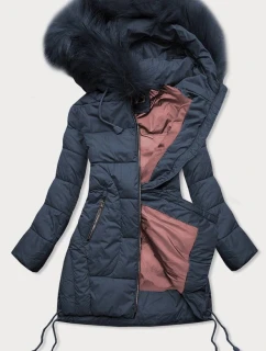 Tmavě modrá dámská prošívaná zimní bunda s kapucí (7690)