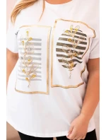 Dámská bavlněná halenka Plus Size s kamínky bílá + khaki