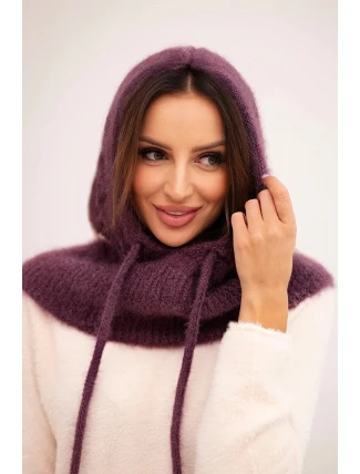 Dámská čepice s kapucí a pleteným vzorem tmavě fialová