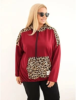Dámská mikina Plus Size viskózová s kapucí a vložkami s leopardím vzorem bordó červená