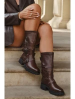 Zateplené dámské kozačky s pásky a přezkami hnědé Ivaline