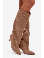Nazouvací dámské kozačky na podpatku se zlatými ozdobami béžové Thaliane Nazouvací dámské kozačky na podpatku se zlatými ozdobami béžové Thaliane