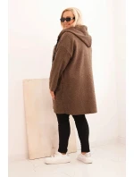 Dámský plášť Plus Size z umělé beránkové látky s kapucí a kapsami camelový
