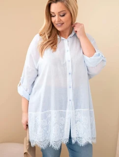 Dámská košile Plus Size bavlněná s krajkovým lemem modrá