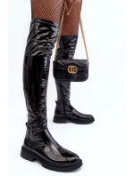 Lakované koleno vysoké boty na ploché podpatku černé Rilema Lakované koleno vysoké boty na ploché podpatku černé Rilema