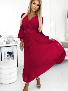 414-9 KLARA plisované šaty s páskem a výstřihem - bordó