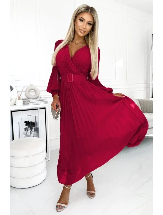 414-9 KLARA plisované šaty s páskem a výstřihem - bordó