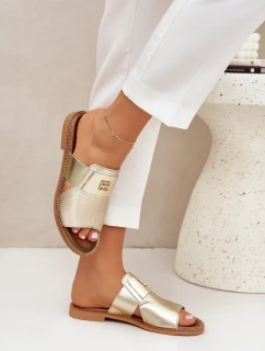 Elegantní Pantofle Z Přírodní Kůže Na Plochém Podpatku Zazoo 40423 Zlaté