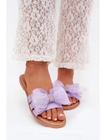 Dámské pantofle na nízkém podpatku s tylovou mašlí – fialové