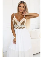612-1 Dlouhé béžovo-bílé šaty bez ramínek s háčkovaným vrškem - boho