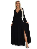 572-2 NELA lesklé dlouhé šaty s výstřihem a dlouhými rukávy - ČERNÉ