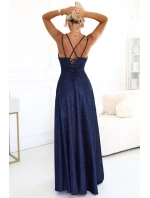 589-2 Dlouhé šaty s jemným třpytem a korzetovým zavazováním na zádech - tmavě modré s třpytkami