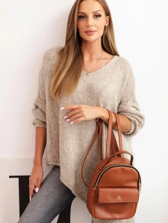 Dámský asymetrický svetr z vlny Plus Size s výstřihem do V tmavě béžový