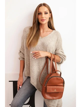 Dámský asymetrický svetr z vlny Plus Size s výstřihem do V tmavě béžový