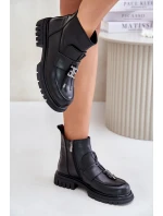 Kožené Kotníkové Boty Na Plochém Podpatku S Dekorací Zateplené Černé Asperra