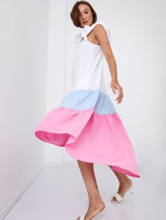 Letní šaty na ramínka s delším zadním dílem v modré a růžové barvě