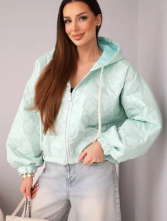 Dámská bunda prošívaná s kapucí a ozdobným květinovým vzorem mátová