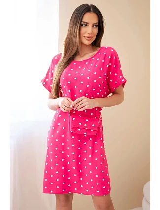 Dámské šaty s puntíky s krátkým rukávem a kabelkou fuchsiová