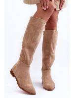 Kůže Kozačky S Plochou Podpatek Bežové Eelin