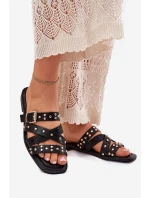 Zdobené Dámské Pantofle Na Plochém Podpatku S Pásky A Přezkou Černé Manitte