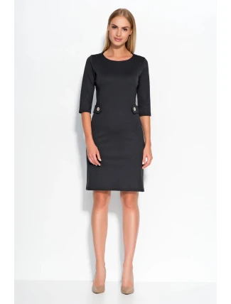 Dámské šaty značkové zdobené v pase knoflíky středně dlouhé černé - Černá - Makadamia Dámské šaty značkové zdobené v pase knoflíky středně dlouhé černé - Černá - Makadamia