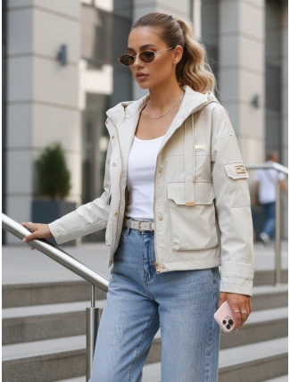 Dámská přechodná bunda s kapucí a kapsami béžová FashionStreet TY5634