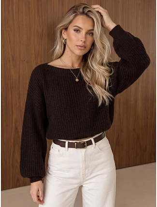Dámský krátký svetr s nastavitelným pasem, čokoládově hnědý, FashionStreet MY2619