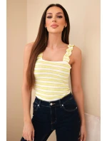 Dámská žebrovaná halenka s pruhy na ramínka s volánkem zelená