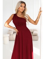 656-1 Dlouhé třpytivé večerní šaty na jedno rameno - vínové