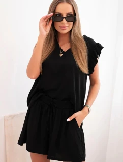 Dámský komplet z viskózy, blůza s volánky a krátké šortky černý