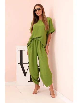 Komplet z viskózy blůza + kalhoty olivová