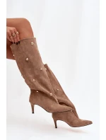 Dámské nazouvací kozačky na jehlovém podpatku Thaliane se zlatými ozdobami – béžové