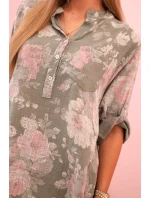 Dámská bavlněná košile s květinovým vzorem a ohrnovanými rukávy khaki