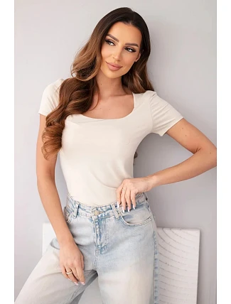 Dámská bambusová halenka s krátkým rukávem a širokým výstřihem basic béžová