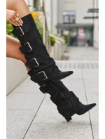 Dámské kozačky na podpatku s obráceným lemem a zlatými přezkami ekologický semiš černé Isavelle