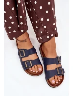 Dámské pantofle na korkové platformě s přezkami – tmavě modré