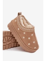 Dětské sněhule s květinami, zateplené kožíškem Palina – béžové