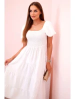 Dámské viskózové šaty s nabíranými rukávy a volánkovým topem ecru Dámské viskózové šaty s nabíranými rukávy a volánkovým topem ecru
