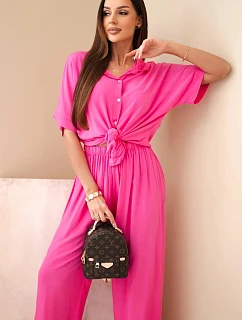 Dámský viskózový košilový komplet se širokými kalhotami růžový