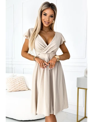425-7 MATILDE Šaty s výstřihem a krátkými rukávy - béžové 425-7 MATILDE Šaty s výstřihem a krátkými rukávy - béžové