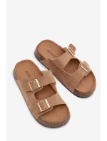 Dámské pantofle na korkové platformě se zlatými sponami tmavě béžové Tovessa