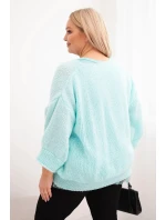 Dámská souprava svetr s výstřihem do V a viskózová blůza s krajkovým lemem mátová