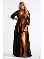 309-14 AMBER elegantní dlouhé krajkové šaty s výstřihem - čokoládové