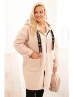 Dámský kabát Plus Size z umělého beránka s kapucí a kapsami béžový