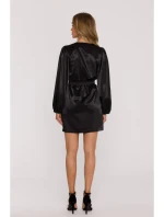 M888 Saténové mini šaty s nadýchanými rukávy - černé