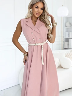 596-6 Elegantní midi košile se zlatými knoflíky a páskem – pudrově růžová